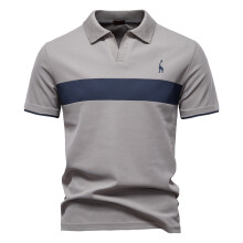 (PL7002-LightGrey, EUR S 55-65kg) Men's Clothing  Classic  Men's Summer V-Neck Striped Polo Shirt Breathable Slim Fit Polo Shirts for Men Lightweight