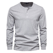 (FlowerGray, EUR XXL 100-105kg) Men's Clothing Classic Henley Collar T Shirt Men Casual Solid Color Long Sleeve T Shirt for Men Autumn High Quality