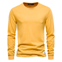 (Yellow, EUR M 72-80kg) Men's Clothing Classic Solid Color Cotton T Shirt Men Casual O-neck Long Sleeved Mens Tshirts Spring Autumn
