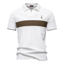 (PL7002-White, EUR XXL 95-105kg) Men's Clothing  Classic  Men's Summer V-Neck Striped Polo Shirt Breathable Slim Fit Polo Shirts for Men Lightweight