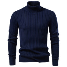 (High003-Navy, XL) Men's Clothing  Classic  Men's Turtleneck Sweater Solid Color with Striped Pullover Warm Knitwear Winter Basic