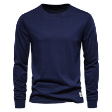 (Navy, EUR XXXL100-105kg) Men's Clothing Classic Solid Color Cotton T Shirt Men Casual O-neck Long Sleeved Mens Tshirts Spring Autumn