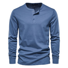 (DenimBlue, EUR L 80-90kg) Men's Clothing Classic Henley Collar T Shirt Men Casual Solid Color Long Sleeve T Shirt for Men Autumn High Quality