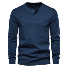 (sapphire, EUR XS 50-60kg) Men's Clothing Classic Henley Collar T Shirt Men Casual Solid Color Long Sleeve T Shirt for Men Autumn High Quality