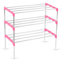 Ruimtebesparend schoenenrek, elegant ontwerp voor kleine ruimtes, grote roze kunststof staanders met stalen buisgewichten, eenvoudige montage zonder