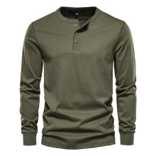 (Green, EUR XXL 100-105kg) Men's Clothing Classic Henley Collar T Shirt Men Casual Solid Color Long Sleeve T Shirt for Men Autumn High Quality