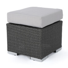 Outdoor Ottoman, 16 Inch Square Gray Wicker Patio Footrest with Weather Resistant Cushion