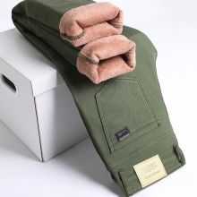 (army green, 34) Men's Clothing  Winter fleece warm men's jeans coffee color straight velvet stretch fashionable wool pants business
