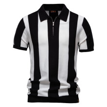 (PSD8060-Black, EUR XXL 95-105kg) Men's Clothing  Classic  2025 New Summer Men's Breathable Striped Contrast Panel Polo Shirt - Casual Short Sleeve