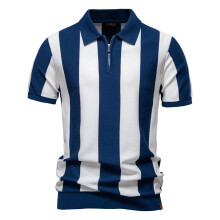 (PSD8060-Navy, EUR XXL 95-105kg) Men's Clothing  Classic  2025 New Summer Men's Breathable Striped Contrast Panel Polo Shirt - Casual Short Sleeve