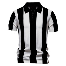 (PSD8059-Black, EUR S 55-65kg) Men's Clothing  Classic  2025 New Summer Men's Breathable Striped Contrast Panel Polo Shirt - Casual Short Sleeve