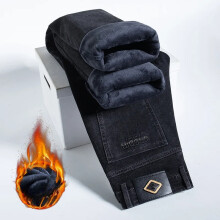 (Black Gray, 31) Men's Clothing  Winter 2025 Men's Thicken Fleece Jeans Business Pans Denim Pants Loose Straight Stretch Warm Trousers