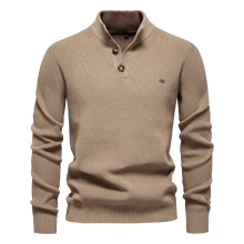 (SW833-Khaki, EUR S 60-70kg) Men's Clothing  Modern Mens Mock Neck Button up Cotton Pullover Sweaters Casual Social Knit Turtleneck Autumn Winter