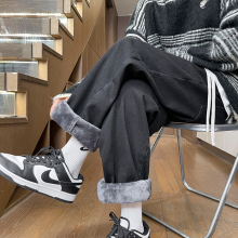 (black, L) Men's Clothing Thick Fleece Loose Jeans Korean Street Baggy Warm Premium Velvet Straight Leg Wide Leg Pants Winter