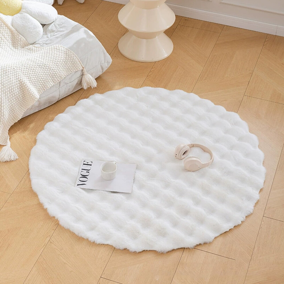 Round Plush Rug Ultra Soft Nonslip Shaggy Faux Fur Carpet For Bedroom Kids Nursery 90Cm White