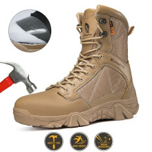 (Khaki, 42) Men Clothing High-Top Anti-Smashing Work Boots Outdoor Waterproof Safety Shoes Steel Toe Non Slip Men's Boots Fashion