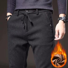 (black, 38) Men Winter Business Casual Warm Pants Men's Straight Slim Drawstring Design Thickened Fleece Trousers Fashion