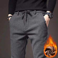 (GRAY, 38) Men Winter Business Casual Warm Pants Men's Straight Slim Drawstring Design Thickened Fleece Trousers Fashion