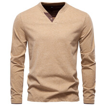 (TS9015-Khaki, XXL) Men's Clothing Classic 100% Cotton T-shirt Men Casual Solid Color Long Sleeve Sweater Autumn Classic High Quality