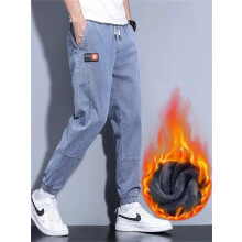 (light blue, S) Men's Clothing  2024 Winter Men Jeans Fleece Lined Thick Warm Black Joggers Fashion Streetwear Cotton Casual Thermal