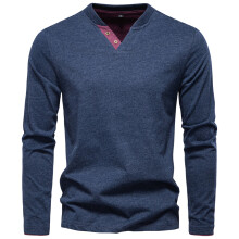 (TS9015-Navy, S) Men's Clothing Classic 100% Cotton T-shirt Men Casual Solid Color Long Sleeve Sweater Autumn Classic High Quality