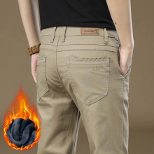 (Khaki, 28) Men's Clothing Winter Style Men's 97% Cotton High-quality Fleece Warm Casual Pants for Business Slim Fit Stretch Velvet