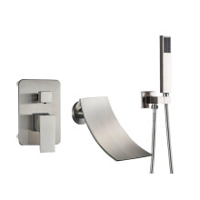 Wall Mounted Bathtub Faucet with Waterfall Spout and Hidden Mixer, Brushed Nickel Finish