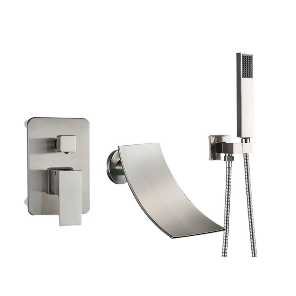 Wall Mounted Bathtub Faucet With Waterfall Spout And Hidden Mixer, Brushed Nickel Finish 9119770630445