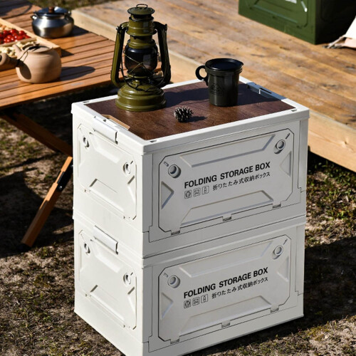 Foldable Storage Box, 50L Plastic Container with Wooden Lids, Multidirectional Open (Grey/White) 2