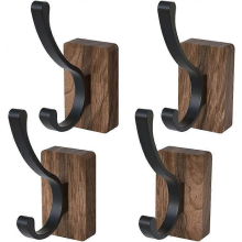 4 PCS Black Walnut Wood Wall Hooks Adhesive Mounted & Wall Mounted Rustic Decorative Entryway Hooks Mid Century Modern Natural Wooden Pe