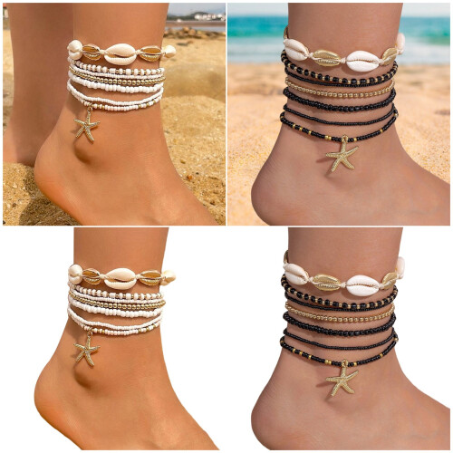 Black White Ocean Starfish Shell Adjustable-Anklet style one 2