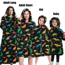 (1pc-Adult Long, Dinosors Black) Oversized Blanket Flannel Warm Family Halloween Avocado Women HomewearSweatshirt