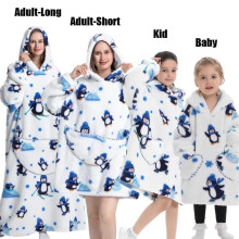 (1pc-Adult Long, Penguine White) Oversized Blanket Flannel Warm Family Halloween Avocado Women HomewearSweatshirt