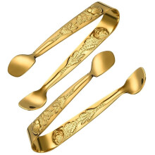 2pcs Stainless Steel Ice Tongs with Elegant Rose Embossing, Mirror Finish, Silver Gold for Kitchen and Bar