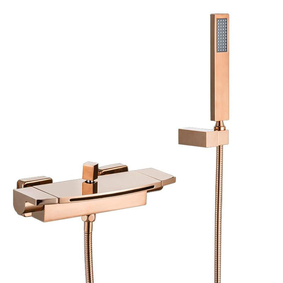 Waterfall Bathtub Faucet With Hand Shower, Single Handle Wall Mount Brass Tub Mixer Rose Gold 9001264838928