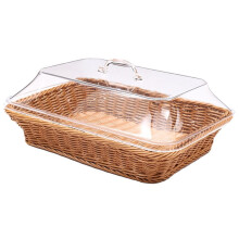 Woven Rattan Basket with Acrylic Lid - Polypropylene Food Serving Basket for Bread, Fruits, and More