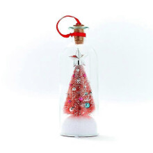 (Pink) Christmas Tree Recordable Voice Message Ornament Playback Cork, Snowy Scene in Bottle for Home Xmas Festive