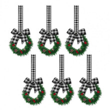 (E) Front Door Wreath Set of 6 Small Christmas Wreaths with Ribbon Artificial Cabinet Decor with Berries Pine Cones for Home Kitchen-C