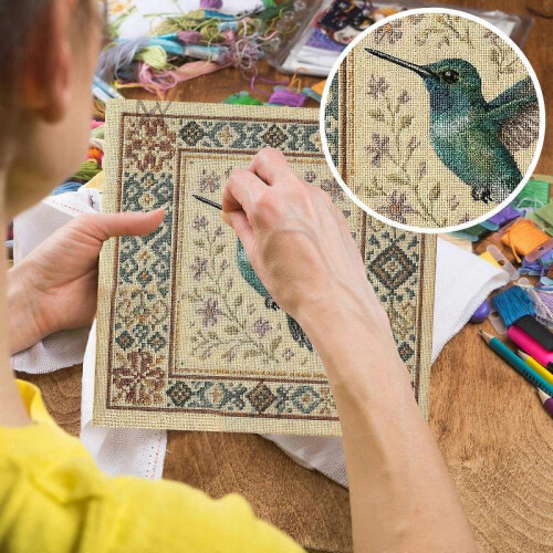 (B) Cross Kit With Floral Pattern, Bird Embroidery Kit For Adults Beginners, DIY Needlepoint Wall Art 1
