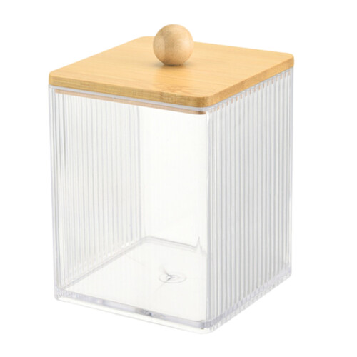 Stylish Qtip Container with Wood Lid for Bathroom-Clear square