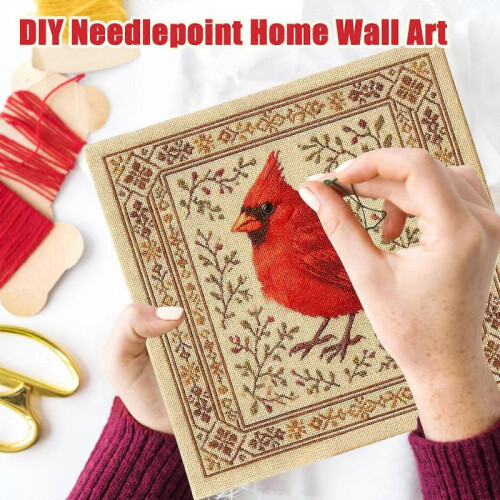 (D) Cross Kit With Floral Pattern, Bird Embroidery Kit For Adults Beginners, DIY Needlepoint Wall Art 1