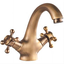 Antieke bronzen badkamerkraan, massief messing dubbele hendel warm- en koudwaterkraan voor elegante badkamers.