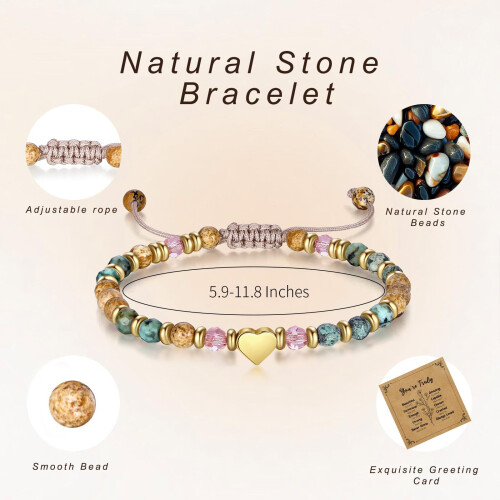 Stylish Heart Charm Bracelet Natural Stone Beaded Bangle-D 2