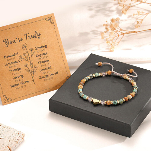 Stylish Heart Charm Bracelet Natural Stone Beaded Bangle-D 1