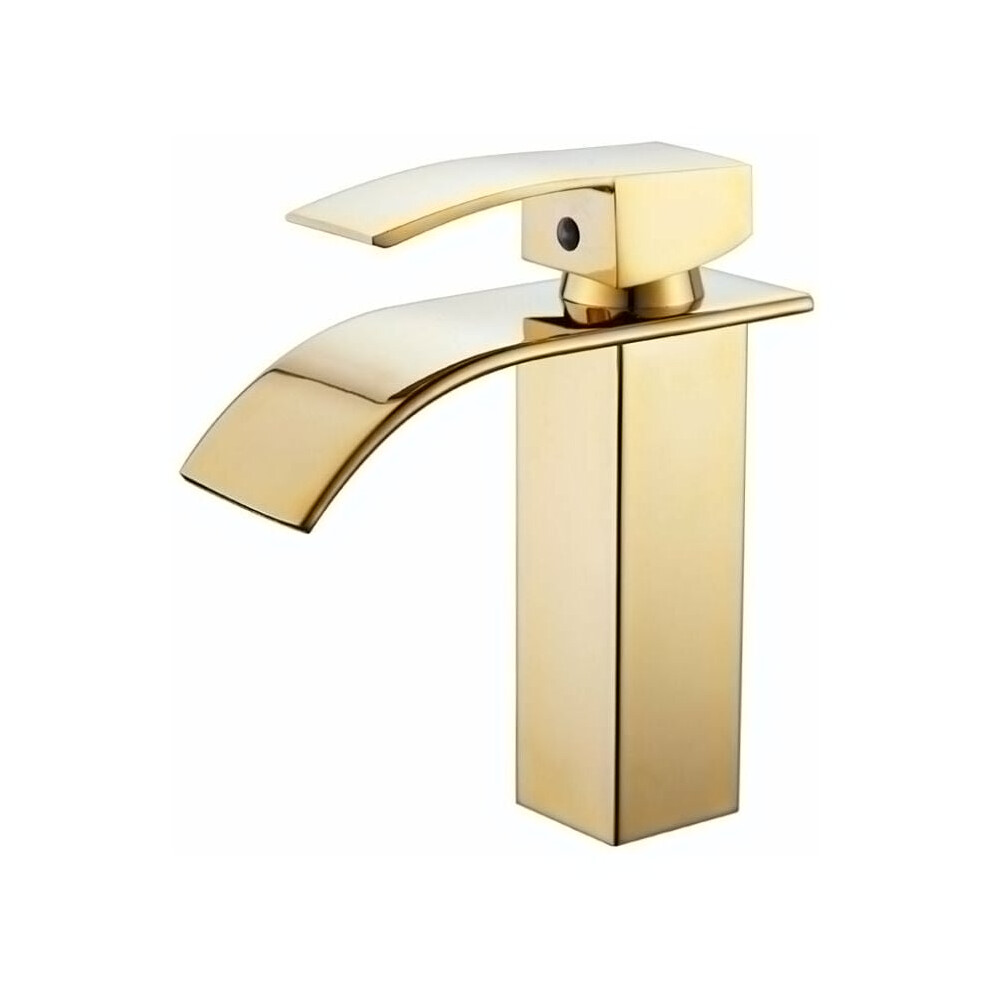 Golden Bathroom Faucet, Ceramic Disc Cartridge Ensures Drip-Free Operation, Single-Handle Design For Intuitive Control, Waterfall Spout Creates A Soot 9466005074025