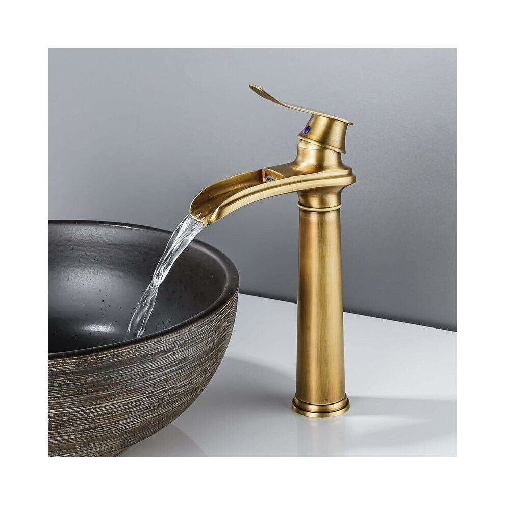 Waterfall Spout Design Faucet, Ceramic Disc Cartridge Guarantees Seamless Operation, Tall Faucet Style Complements Any Dã©Cor, Antique Brass Finish 9466005067591