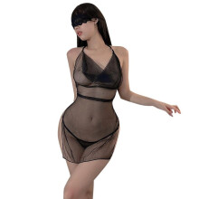 Thin Transparent Sexy Seductive Mesh Belly Band Pyjama Lingerie Passionate Hot Set for Women Black