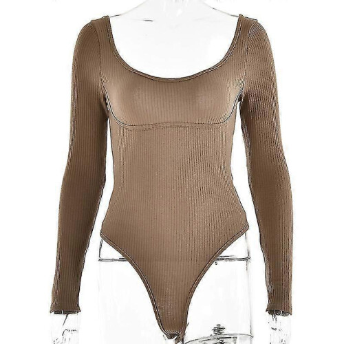 (M, Khaki) Women''s Solid Color Long Sleeve Square Neck Backless Bodysuit Tops Jumpsuit