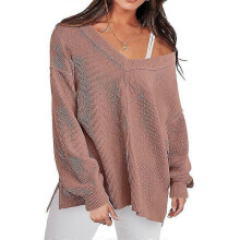 (L, Rubber pink) Women Long Sleeve Shirt Off Shoulder Sweater Loose Top