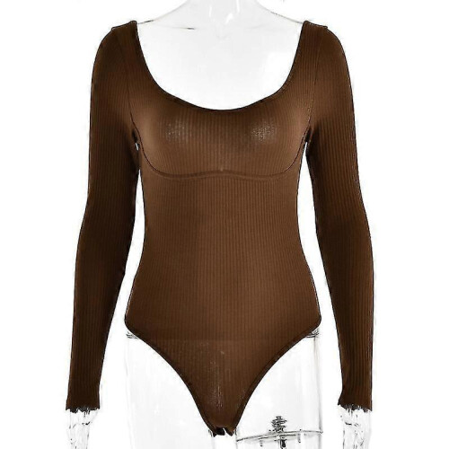 (L, coffee) Women''s Solid Color Long Sleeve Square Neck Backless Bodysuit Tops Jumpsuit